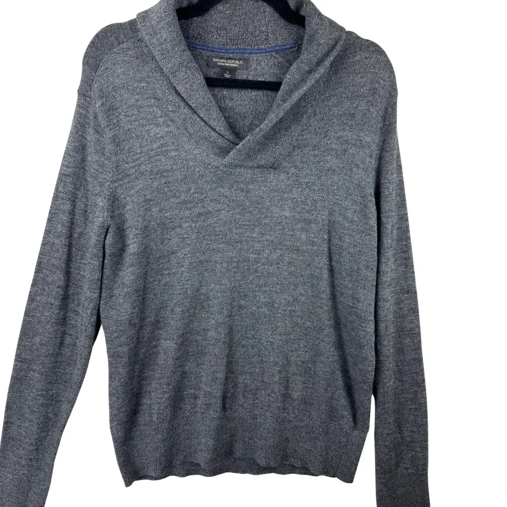 Banana Republic Sweater Mens Large Gray Extra Fine Merino Wool Shawl Collar Knit